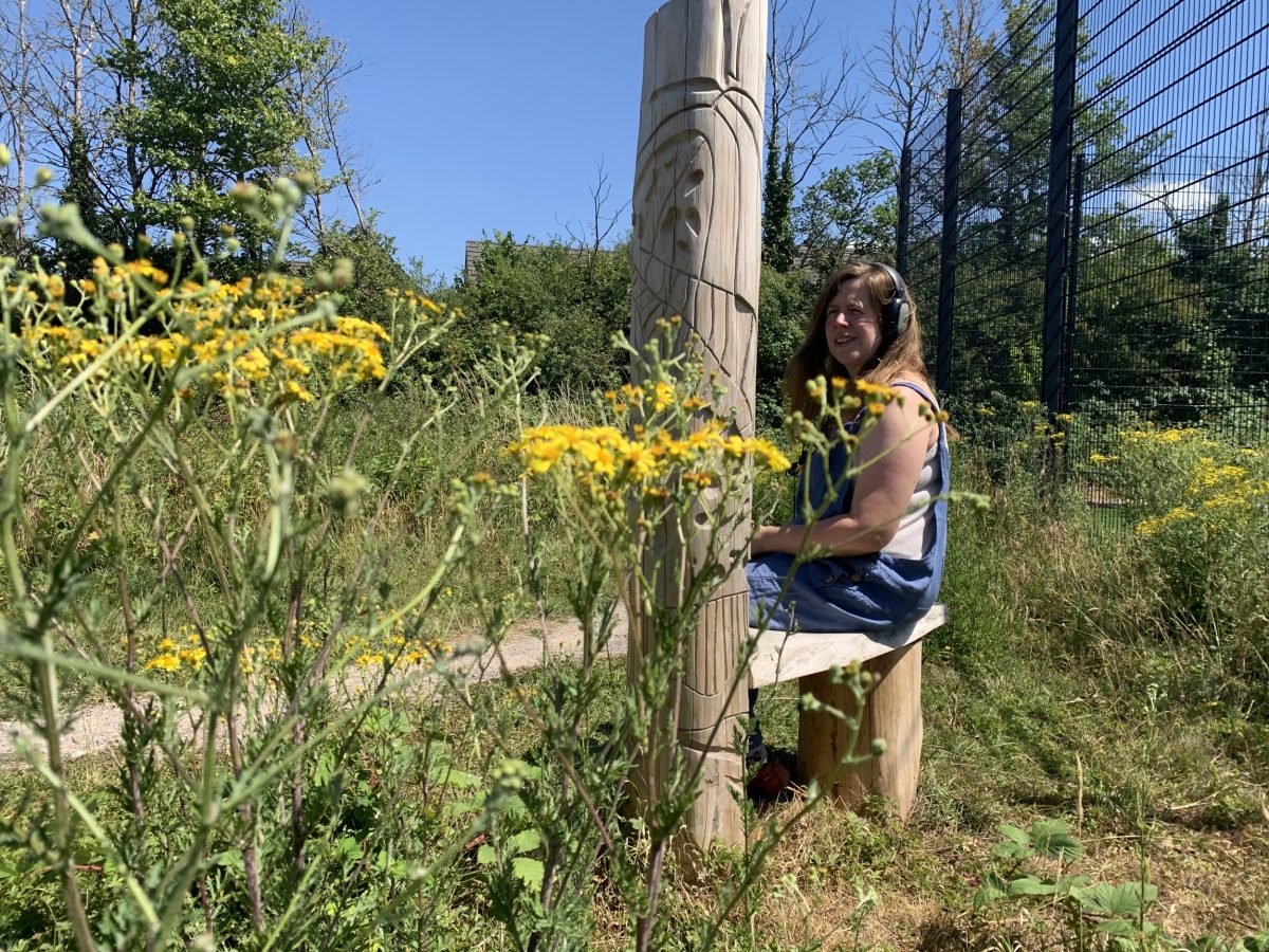A woman sits on a carved bench behind yellow wildflowers next to a fenced sports pitch.