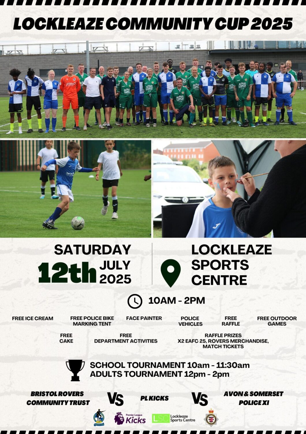 Poster for Lockleaze Community Cup 2025. Date: Saturday 12th July 2025. Time: 10AM-2PM. Location: Lockleaze Sports Centre. 