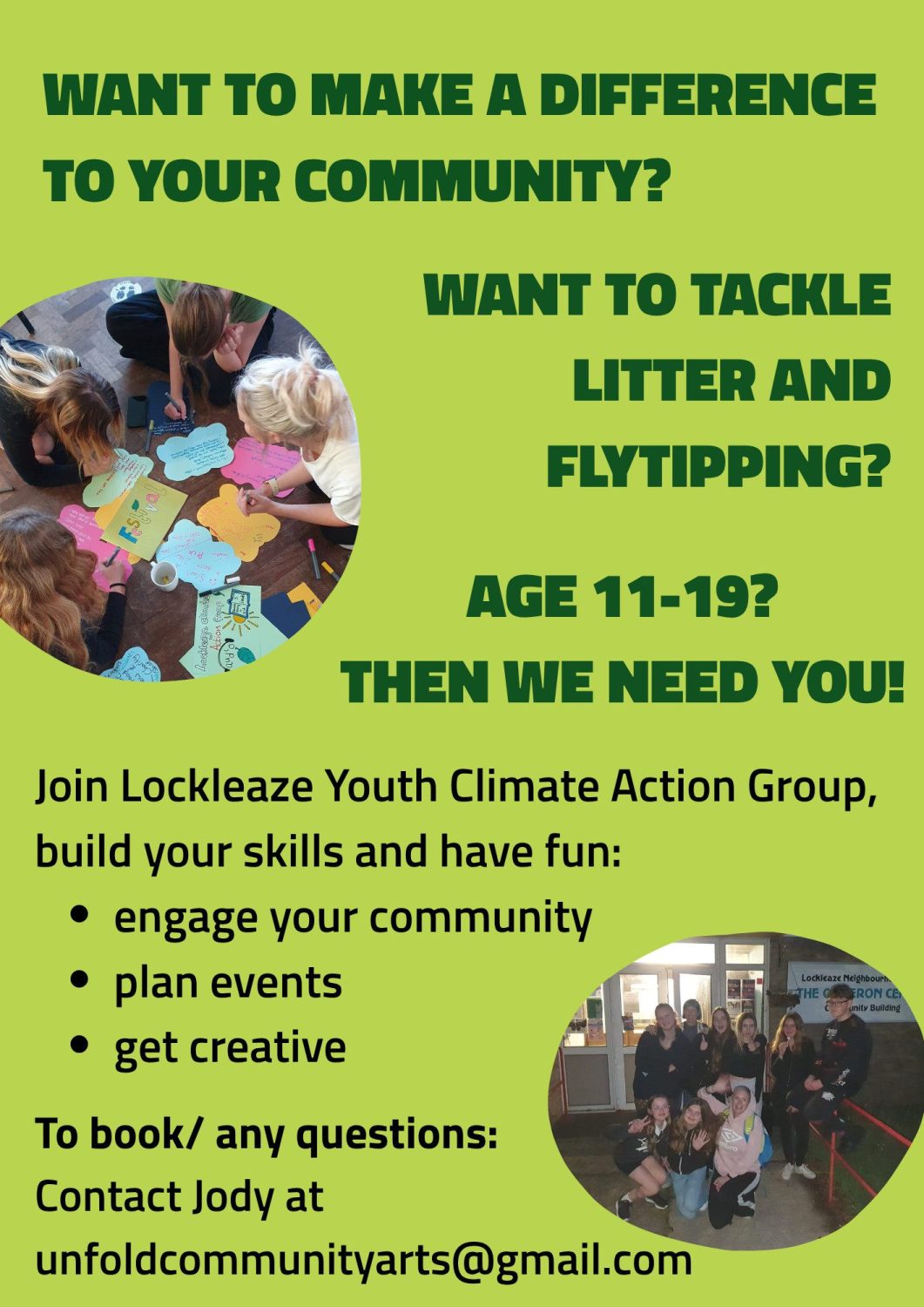 Poster includes a picture of three girls using art materials and a group of ten young people smiling outside the Cameron Centre