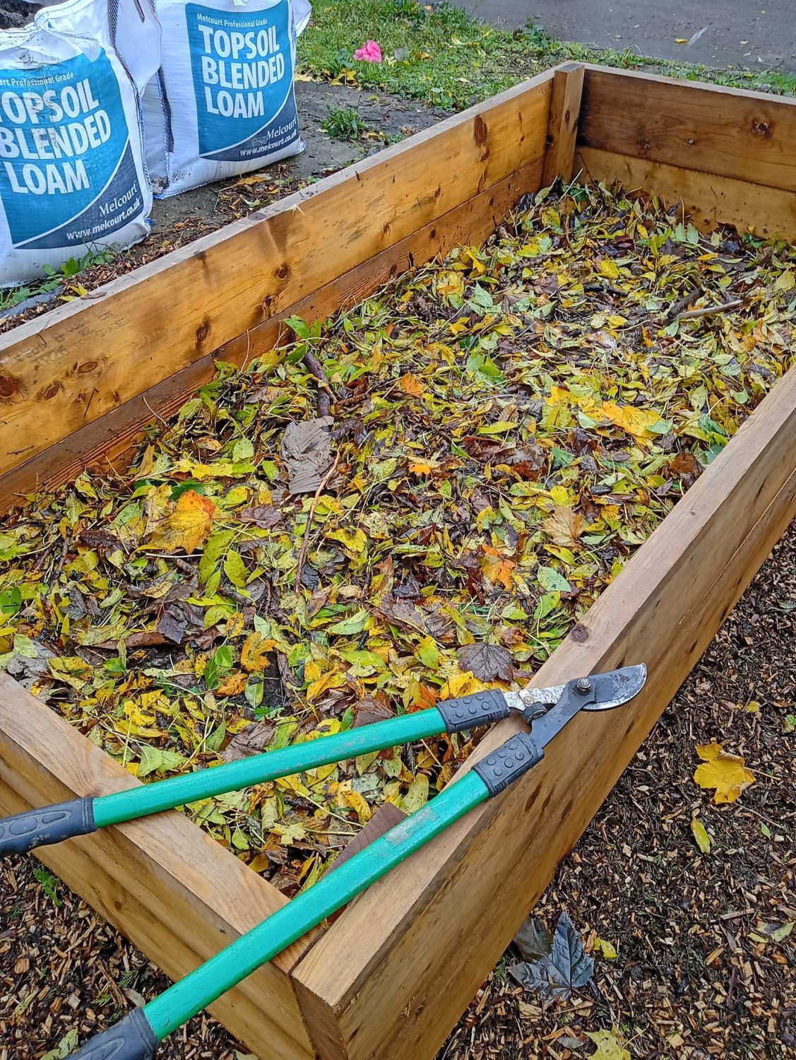 a raised bed with a layer of autumn leaves