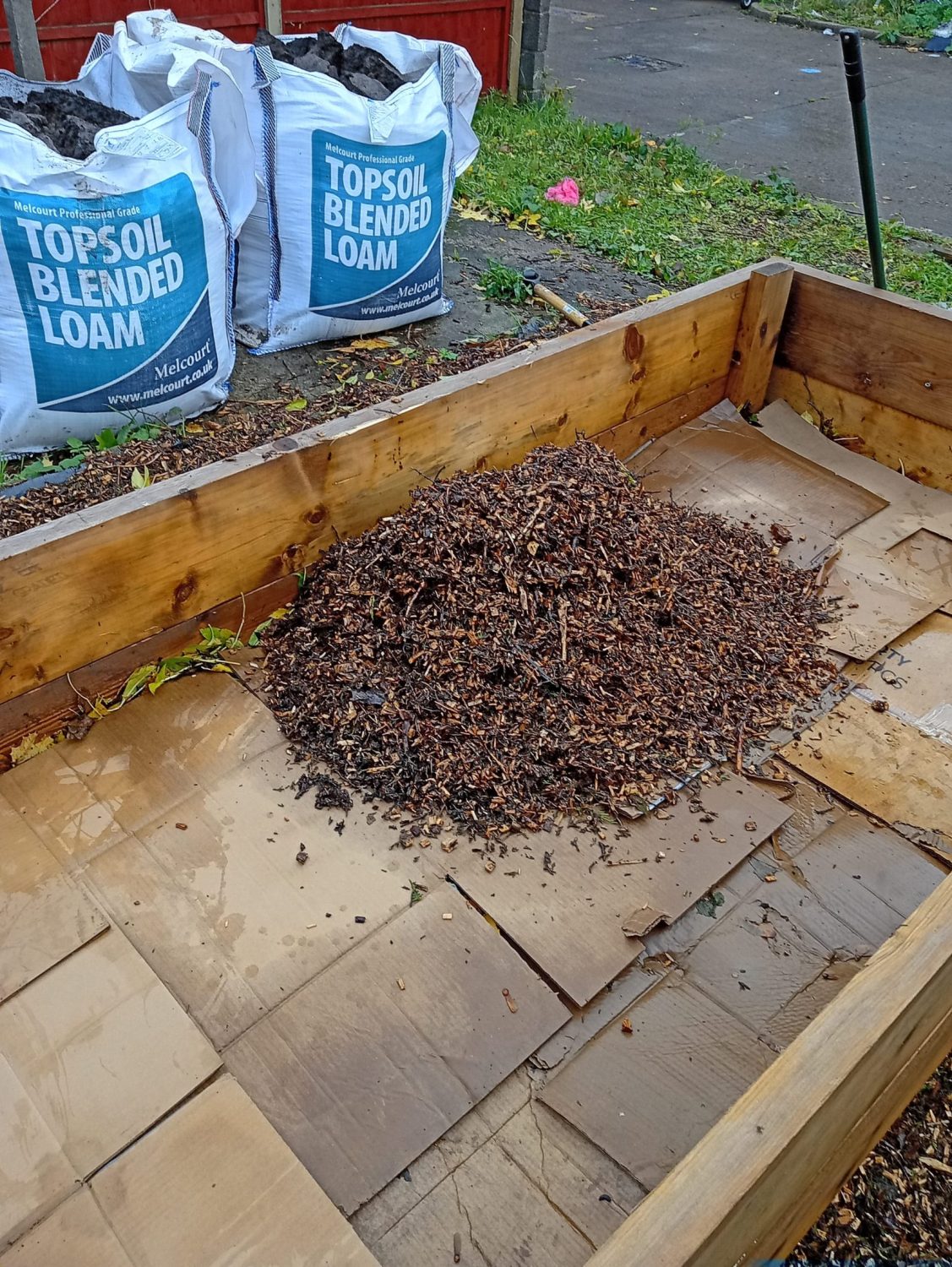 mound of soil in a raised bed lined with card