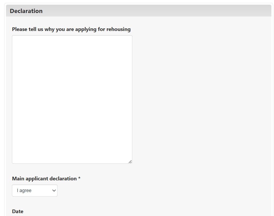 A text box on a webpage. It says 'Declaration' and then, 'Please tell us why you are applying for rehousing', above a text entry window. Then it has 'main application declaration' with a checkbox to say 'I agree'.