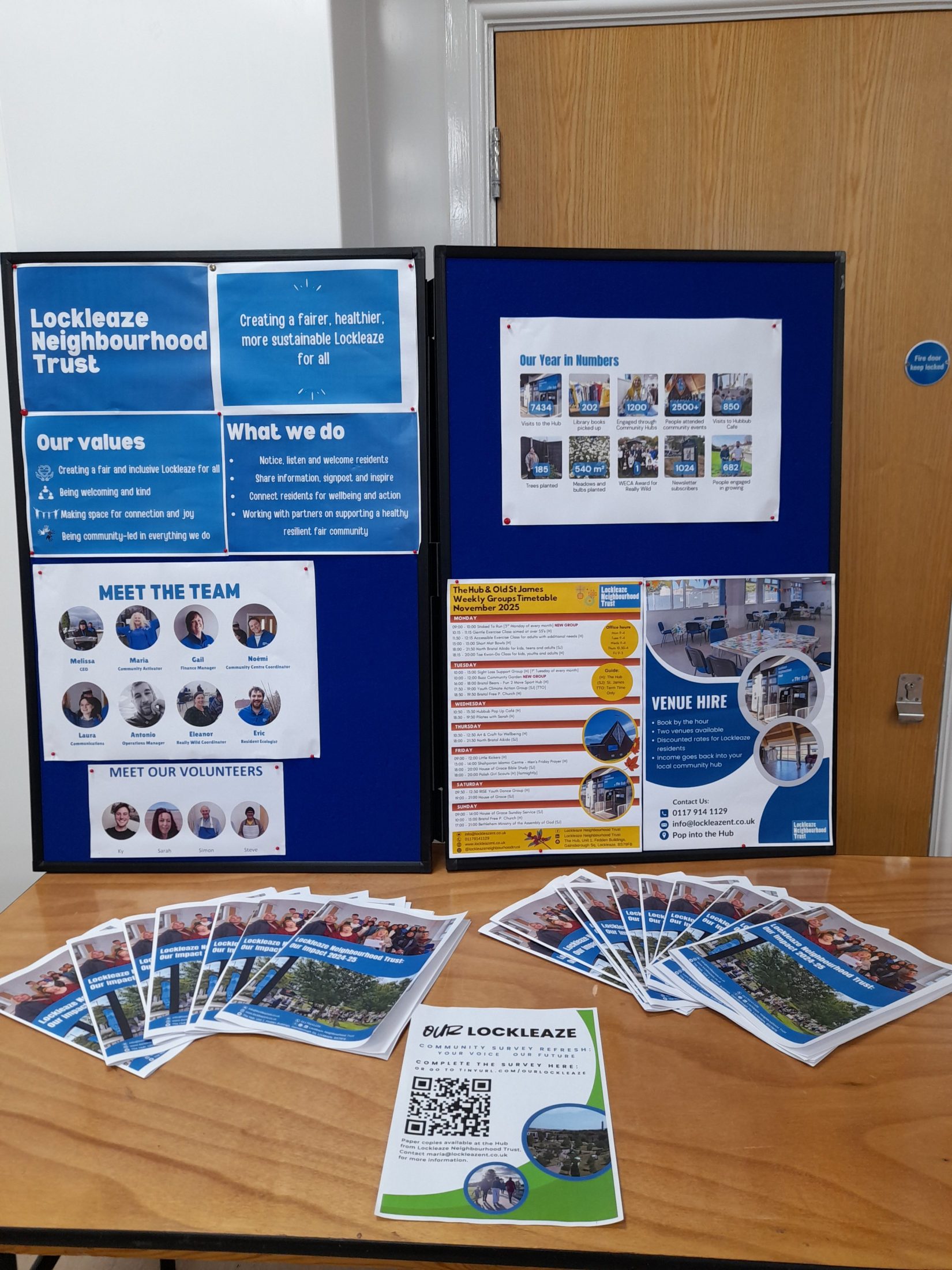 a display board with LNT's values (Creating a fair and inclusive Lockleaze for all Being welcoming and kind Making space for connection and joy Being community-led in everything we do), mission (creating a fairer, healthier, more sustainable Lockleaze for all), photos of the team. current timetable, stats and venue hire