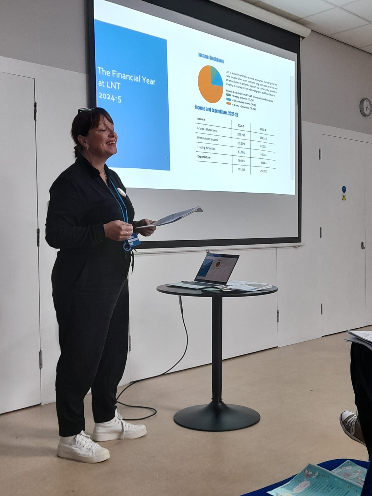 A white woman in a black jumpsuit presents in front of a slide which says 'our financial year' with a pie chart and table