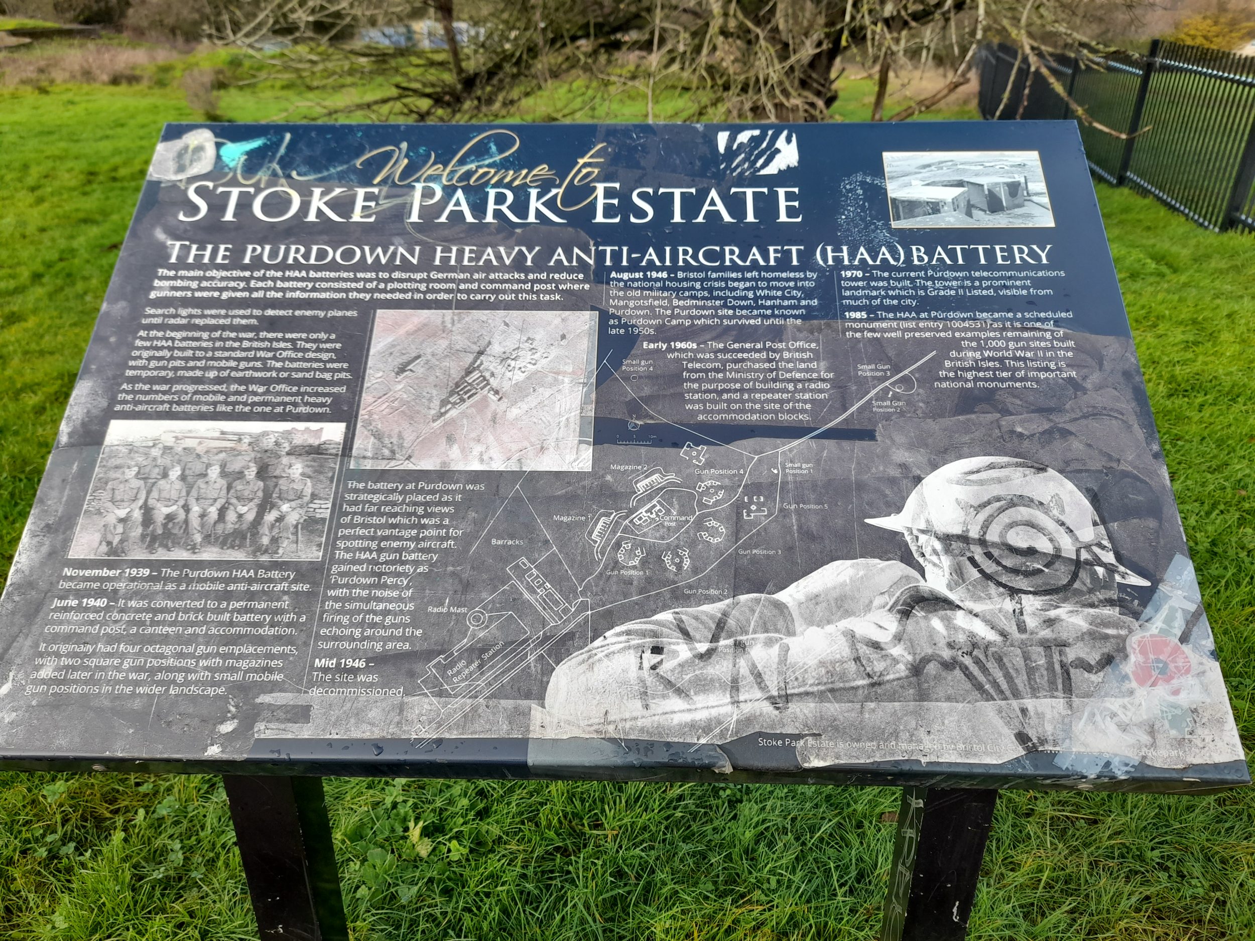 an interpretation board entitled 'welcome to stoke park estate, the purdown heavy anti aircraft (HAA) artillery