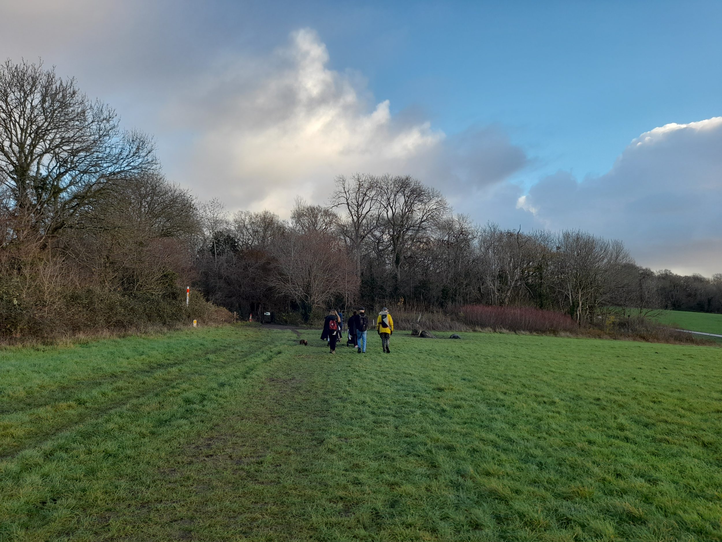 a green field with the sky behind. a group of people in the distance