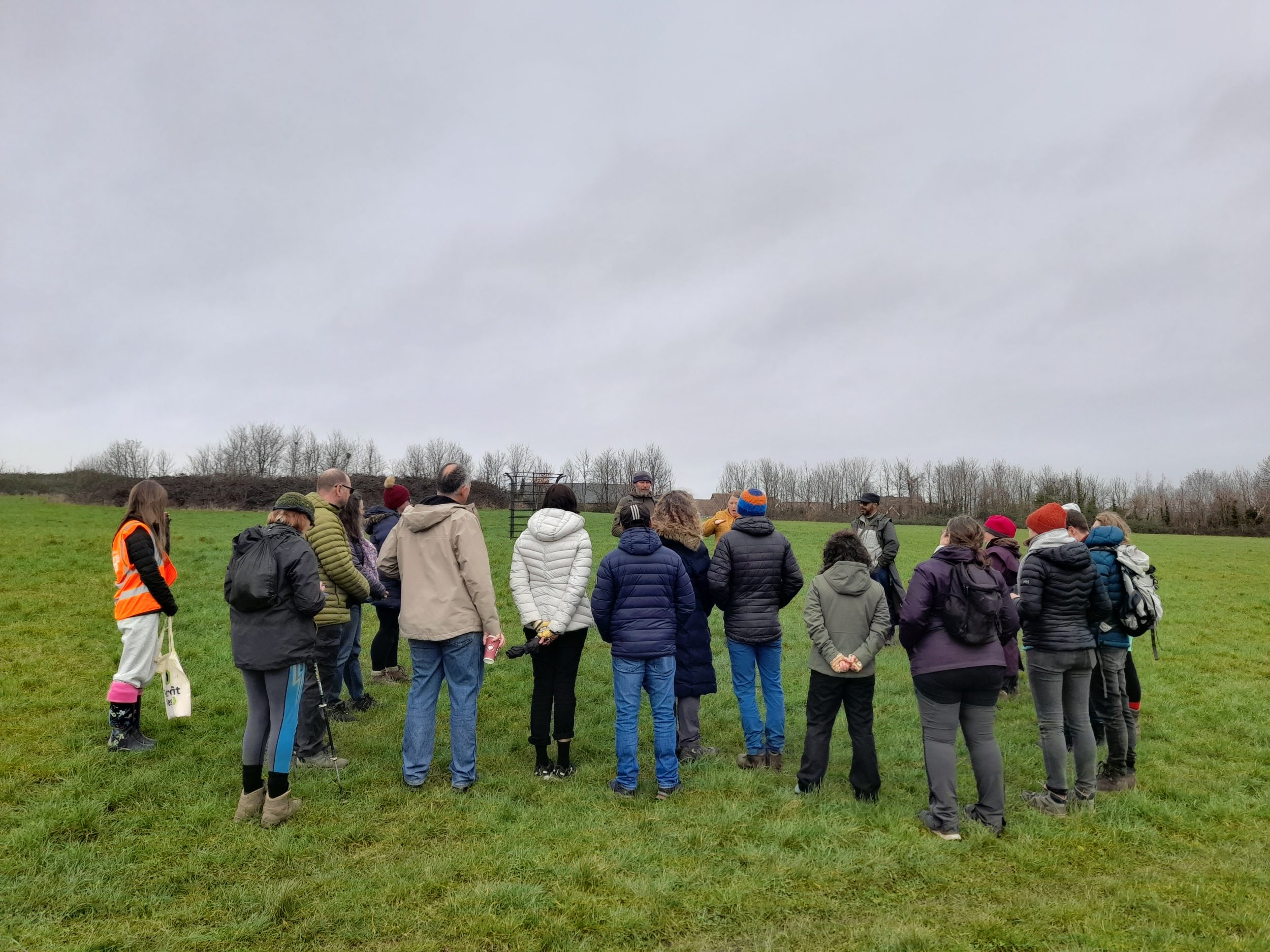 walkers stand in a line in a green field in front of a row of hedgerow
