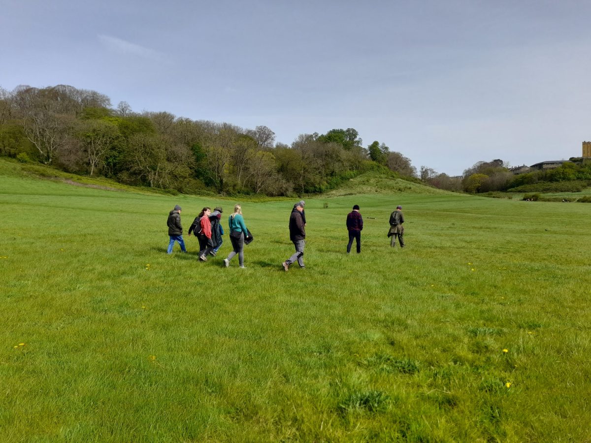 small figures walking through swooping lands at stoke park, looking carefully at grass