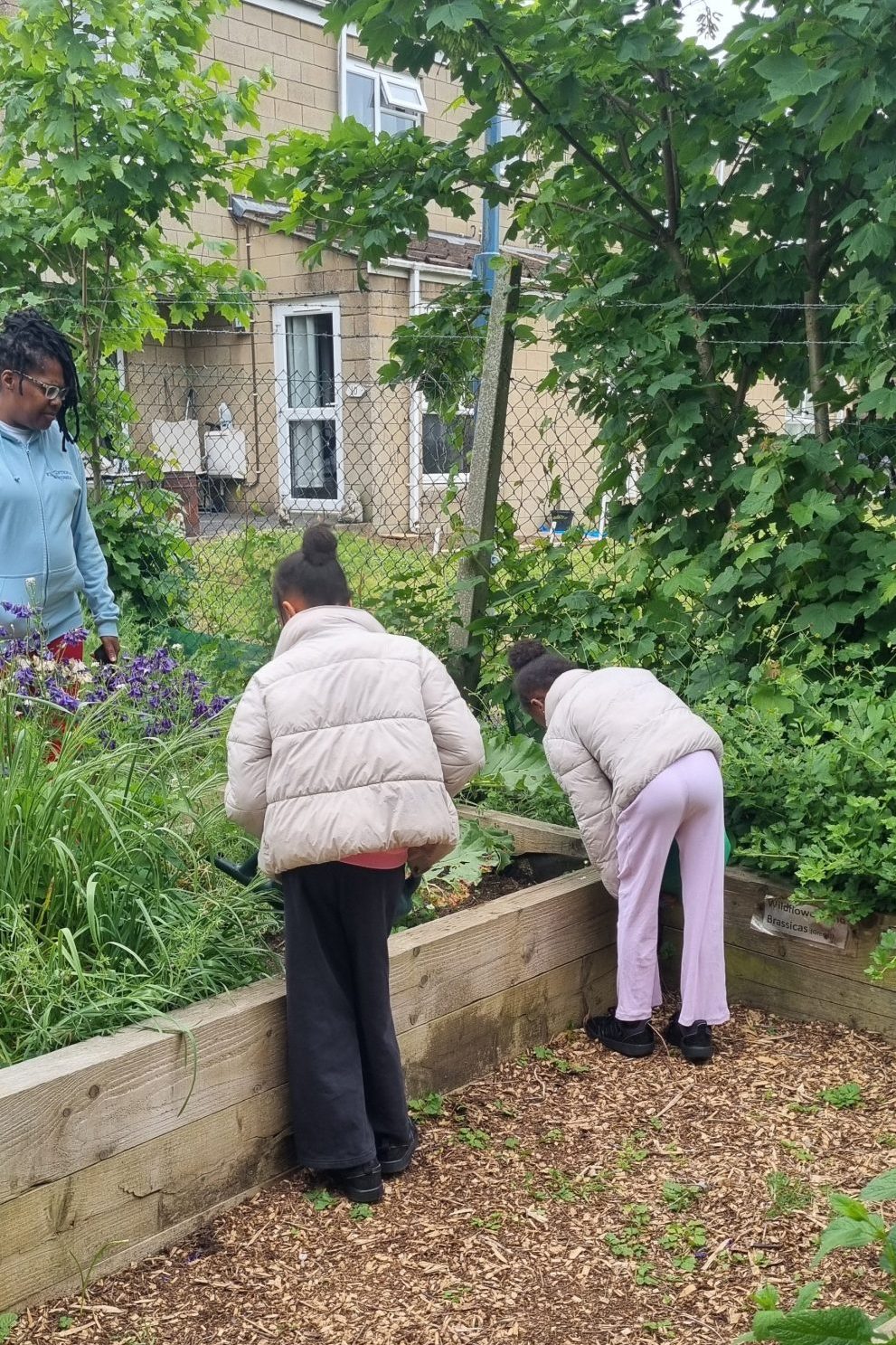 two young Black girls face away from the camera to flower beds while their mum looks on