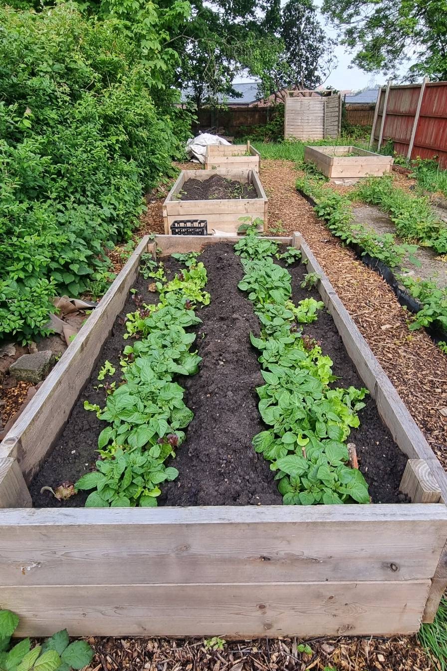 two rows of green leaves grow in a wooden bed
